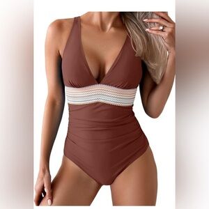 AIDONGER Women's One Piece Swimsuit Tummy Control V-Neck Ruched Bathing Suit L